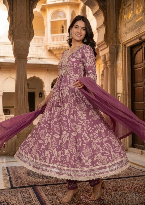 Womens_Mauve_Floral_Printed_Rayon_Kurti_Pant_Dupatta_Set_With_V-Neck_Embroidered_Panel_And_Flared_Design