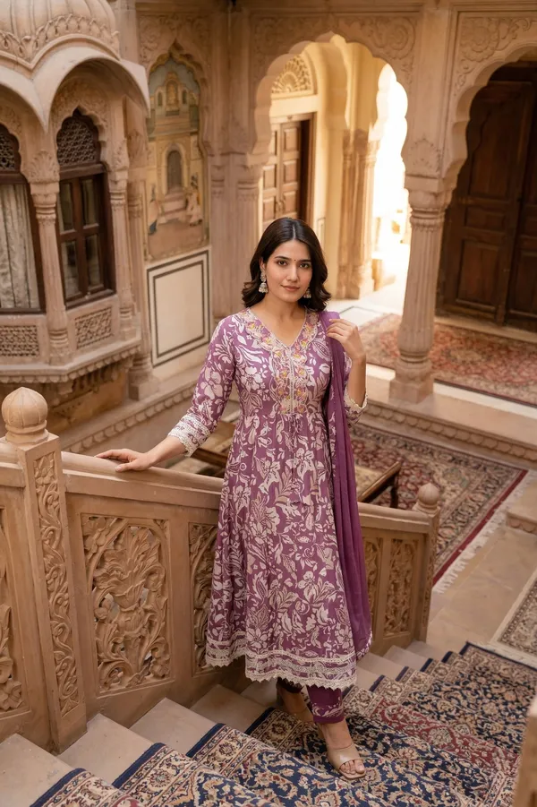 Womens_Mauve_Floral_Printed_Rayon_Kurti_Pant_Dupatta_Set_With_V-Neck_Embroidered_Panel_And_Flared_Design