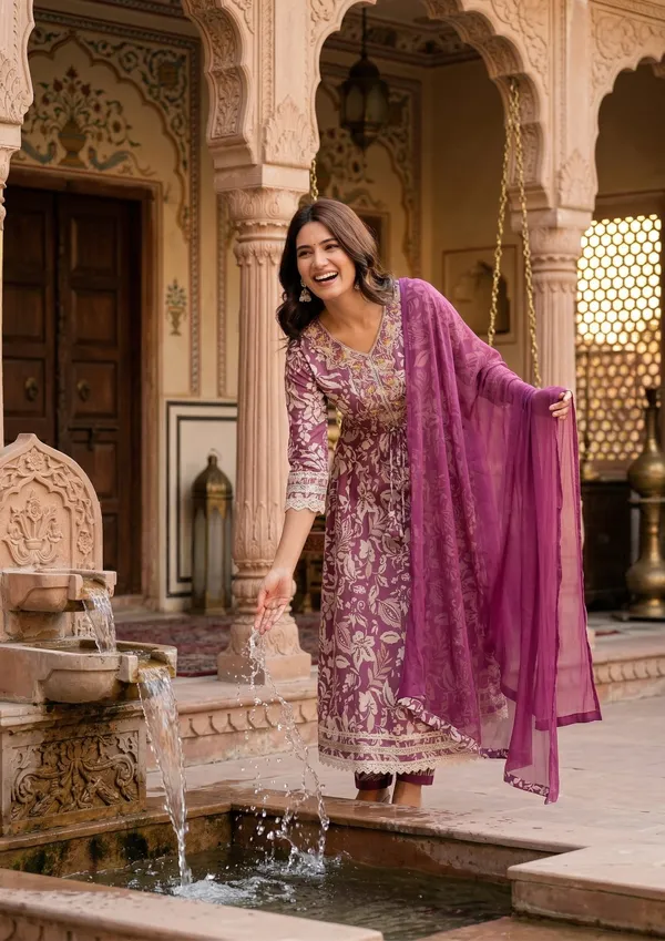 Womens_Mauve_Floral_Printed_Rayon_Kurti_Pant_Dupatta_Set_With_V-Neck_Embroidered_Panel_And_Flared_Design