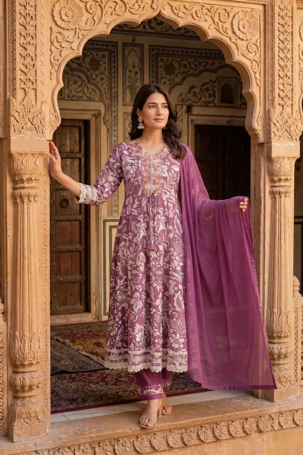 Womens_Mauve_Floral_Printed_Rayon_Kurti_Pant_Dupatta_Set_With_V-Neck_Embroidered_Panel_And_Flared_Design
