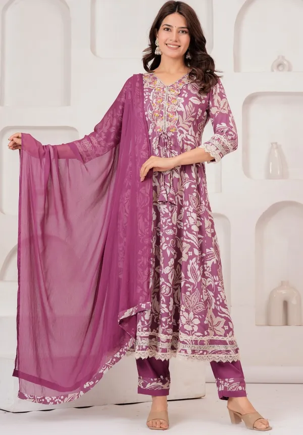 Womens_Mauve_Floral_Printed_Rayon_Kurti_Pant_Dupatta_Set_With_V-Neck_Embroidered_Panel_And_Flared_Design