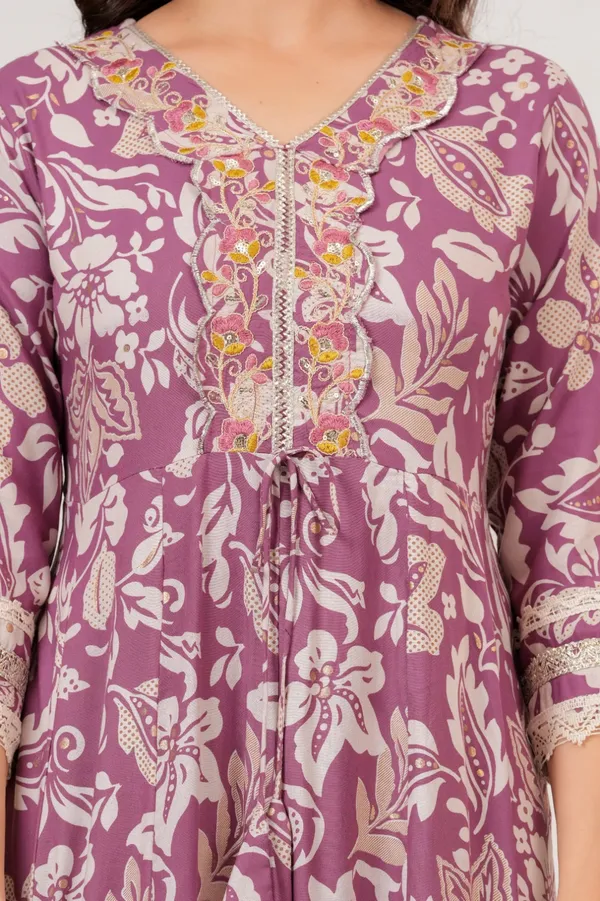 Womens_Mauve_Floral_Printed_Rayon_Kurti_Pant_Dupatta_Set_With_V-Neck_Embroidered_Panel_And_Flared_Design