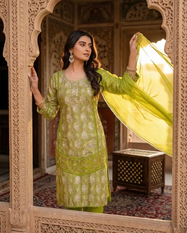 Womens_Lime_Green_Rayon_Printed_And_Embroidered_Kurta_Pant_Dupatta_Set_|_Ethnic_Festive_Party_Wear_Kurta_Set_For_Women
