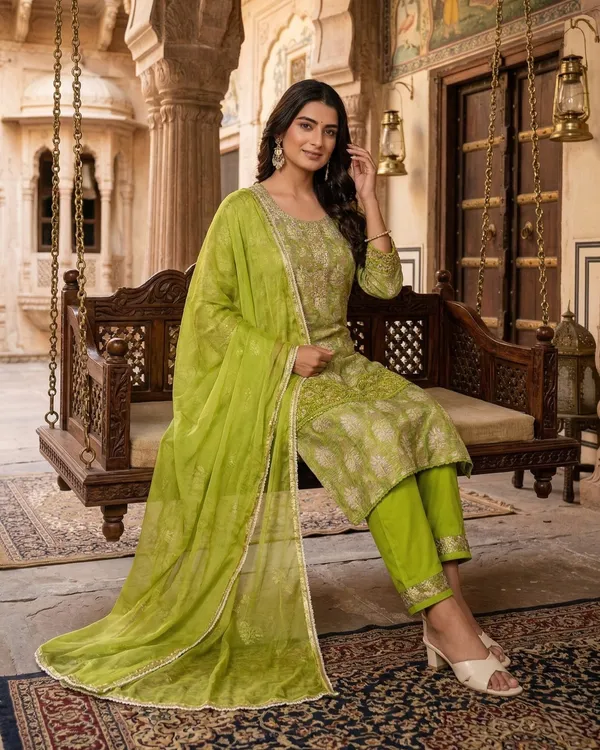 Womens_Lime_Green_Rayon_Printed_And_Embroidered_Kurta_Pant_Dupatta_Set_|_Ethnic_Festive_Party_Wear_Kurta_Set_For_Women