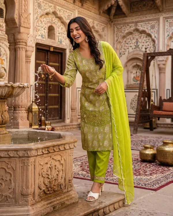 Womens_Lime_Green_Rayon_Printed_And_Embroidered_Kurta_Pant_Dupatta_Set_|_Ethnic_Festive_Party_Wear_Kurta_Set_For_Women