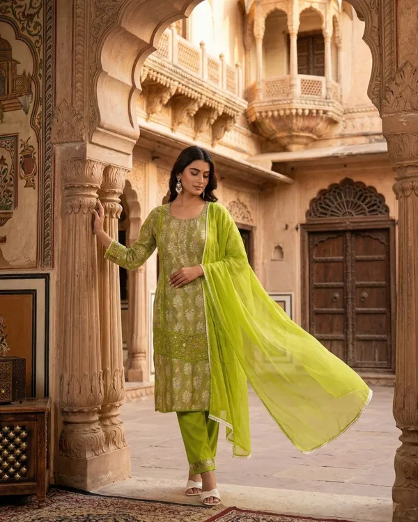 Womens_Lime_Green_Rayon_Printed_And_Embroidered_Kurta_Pant_Dupatta_Set_|_Ethnic_Festive_Party_Wear_Kurta_Set_For_Women