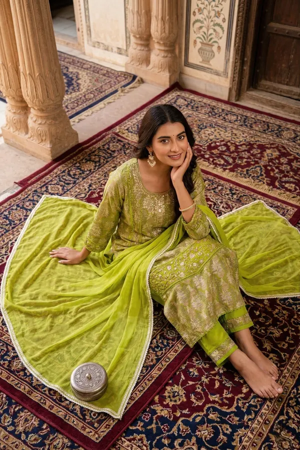 Womens_Lime_Green_Rayon_Printed_And_Embroidered_Kurta_Pant_Dupatta_Set_|_Ethnic_Festive_Party_Wear_Kurta_Set_For_Women
