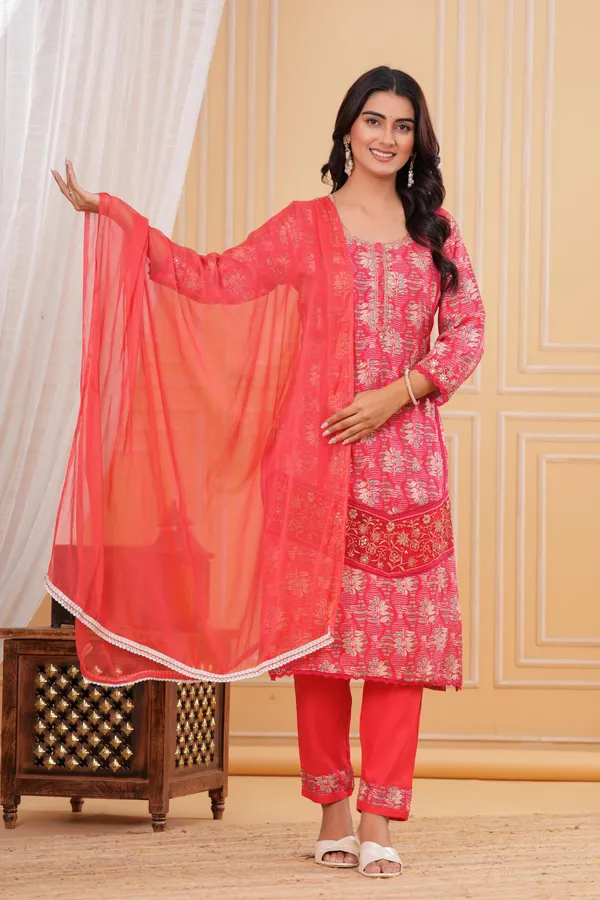 Womens_Coral_Pink_Rayon_Printed_And_Embroidered_Kurti_Pant_Dupatta_Set_|_Ethnic_Festive_Party_Wear_Kurta_Set_For_Women