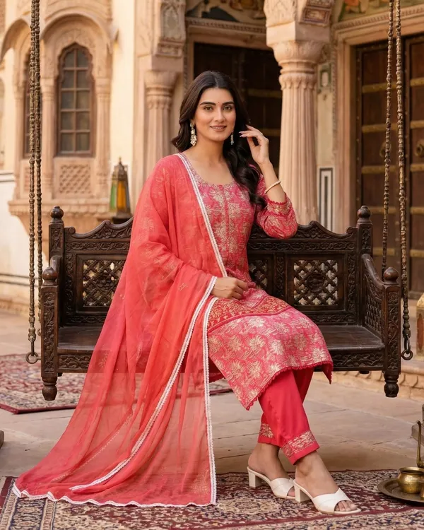 Womens_Coral_Pink_Rayon_Printed_And_Embroidered_Kurti_Pant_Dupatta_Set_|_Ethnic_Festive_Party_Wear_Kurta_Set_For_Women
