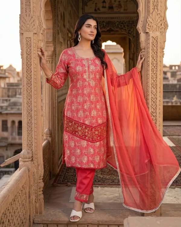 Womens_Coral_Pink_Rayon_Printed_And_Embroidered_Kurti_Pant_Dupatta_Set_|_Ethnic_Festive_Party_Wear_Kurta_Set_For_Women