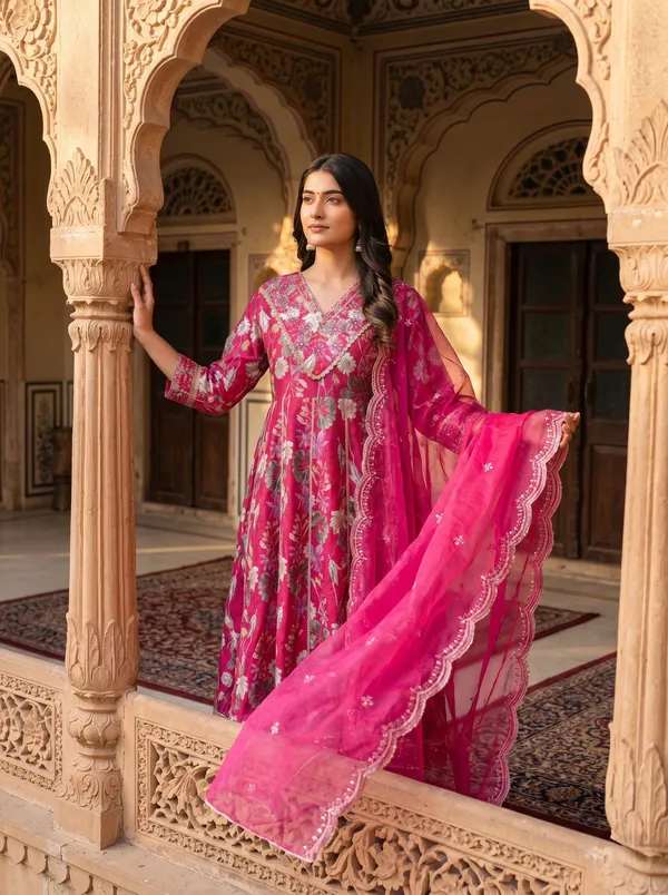Womens_Rani_Pink_Vatican_Fabric_Printed_And_Embroidered_Kurti_Pant_Dupatta_Set_|_Luxury_Ethnic_Festive_Wear_Kurta_Set