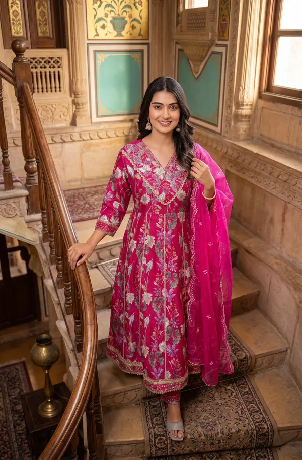 Womens_Rani_Pink_Vatican_Fabric_Printed_And_Embroidered_Kurti_Pant_Dupatta_Set_|_Luxury_Ethnic_Festive_Wear_Kurta_Set