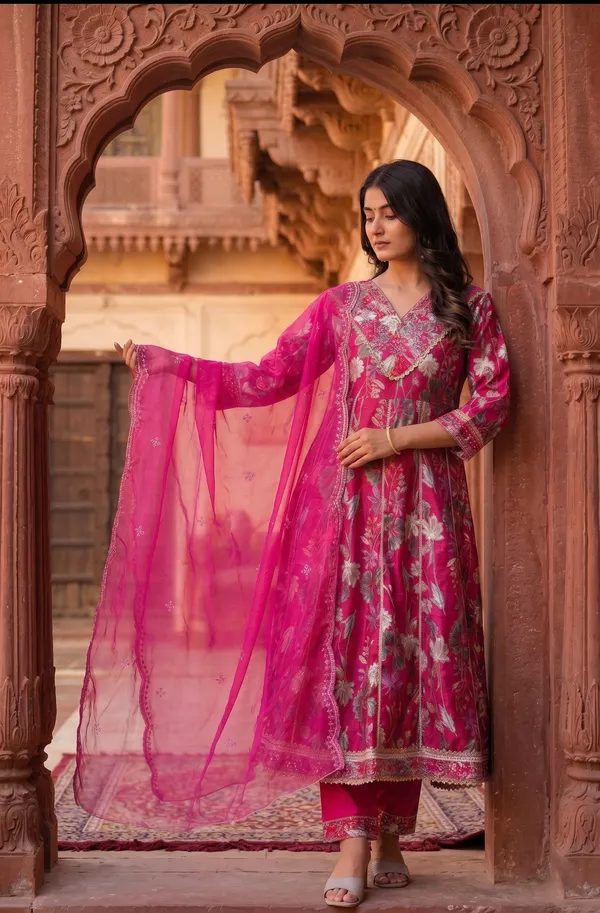 Womens_Rani_Pink_Vatican_Fabric_Printed_And_Embroidered_Kurti_Pant_Dupatta_Set_|_Luxury_Ethnic_Festive_Wear_Kurta_Set
