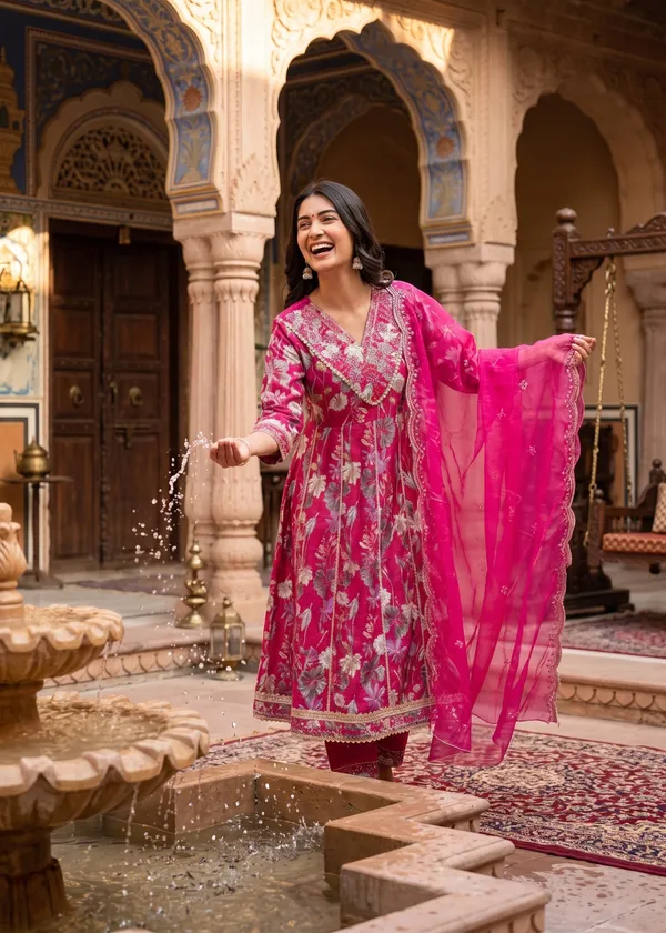 Womens_Rani_Pink_Vatican_Fabric_Printed_And_Embroidered_Kurti_Pant_Dupatta_Set_|_Luxury_Ethnic_Festive_Wear_Kurta_Set