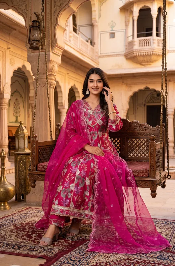 Womens_Rani_Pink_Vatican_Fabric_Printed_And_Embroidered_Kurti_Pant_Dupatta_Set_|_Luxury_Ethnic_Festive_Wear_Kurta_Set
