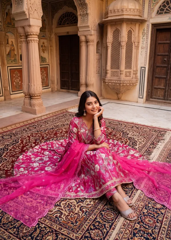Womens_Rani_Pink_Vatican_Fabric_Printed_And_Embroidered_Kurti_Pant_Dupatta_Set_|_Luxury_Ethnic_Festive_Wear_Kurta_Set