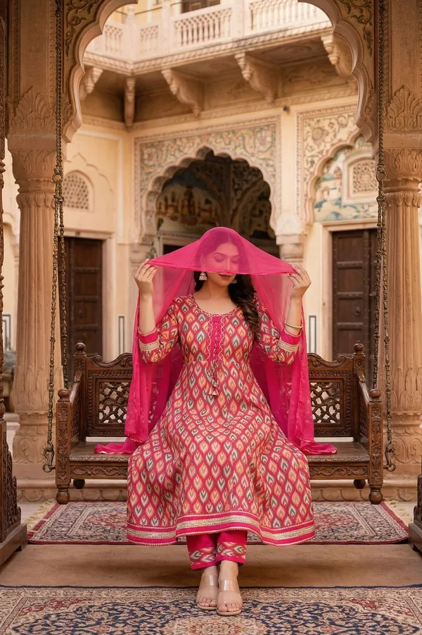 Womens_Pink_Printed_Rayon_Kurti_Pant_Dupatta_Set_With_Round_Neck_Lace_Detail_And_Flared_Design