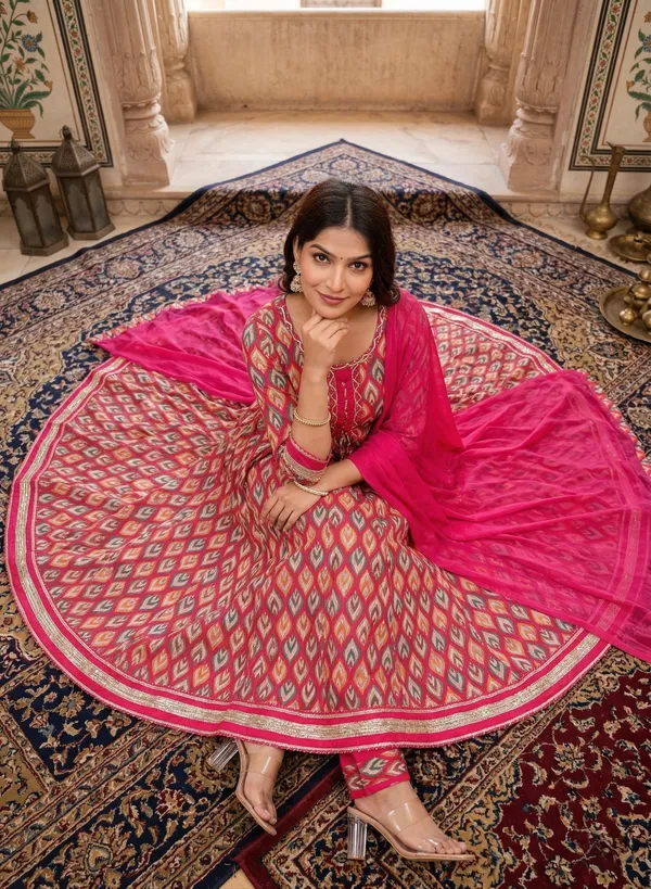 Womens_Pink_Printed_Rayon_Kurti_Pant_Dupatta_Set_With_Round_Neck_Lace_Detail_And_Flared_Design