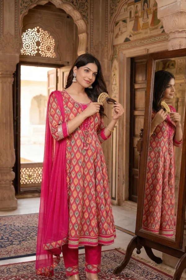 Womens_Pink_Printed_Rayon_Kurti_Pant_Dupatta_Set_With_Round_Neck_Lace_Detail_And_Flared_Design