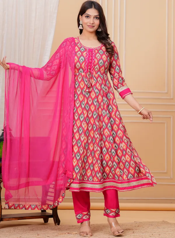 Womens_Pink_Printed_Rayon_Kurti_Pant_Dupatta_Set_With_Round_Neck_Lace_Detail_And_Flared_Design