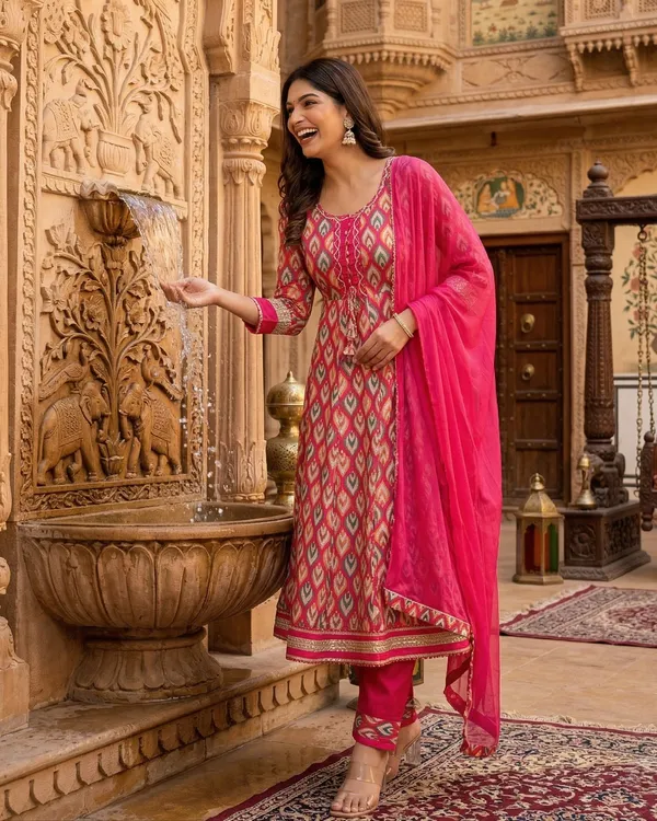 Womens_Pink_Printed_Rayon_Kurti_Pant_Dupatta_Set_With_Round_Neck_Lace_Detail_And_Flared_Design