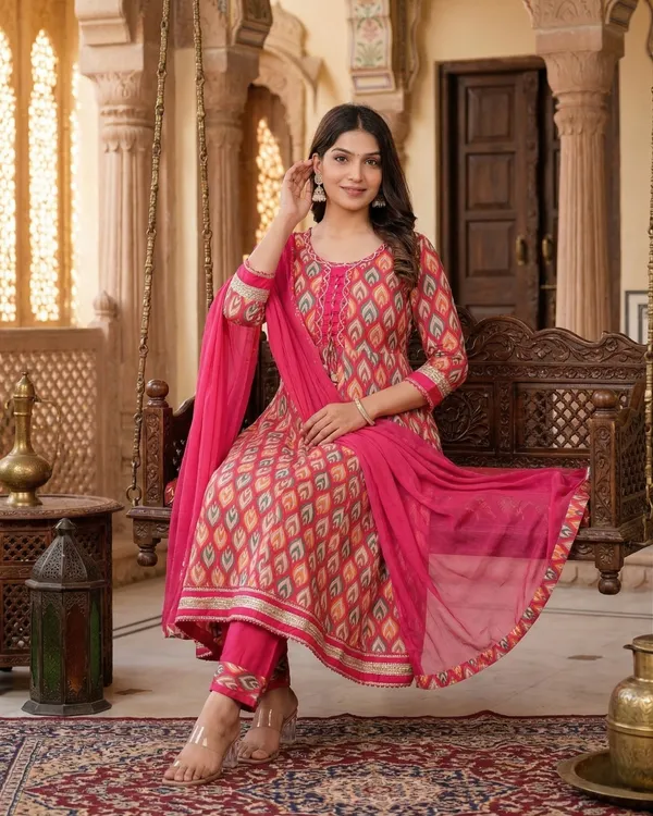 Womens_Pink_Printed_Rayon_Kurti_Pant_Dupatta_Set_With_Round_Neck_Lace_Detail_And_Flared_Design