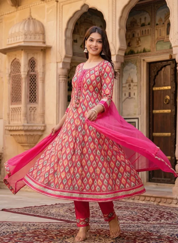 Womens_Pink_Printed_Rayon_Kurti_Pant_Dupatta_Set_With_Round_Neck_Lace_Detail_And_Flared_Design