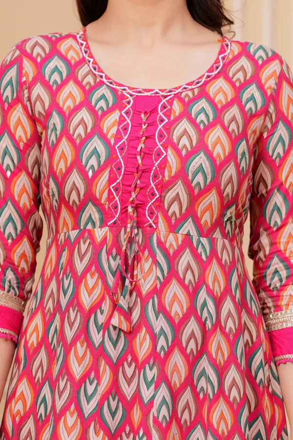 Womens_Pink_Printed_Rayon_Kurti_Pant_Dupatta_Set_With_Round_Neck_Lace_Detail_And_Flared_Design