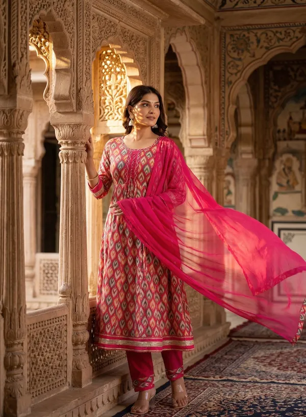 Womens_Pink_Printed_Rayon_Kurti_Pant_Dupatta_Set_With_Round_Neck_Lace_Detail_And_Flared_Design
