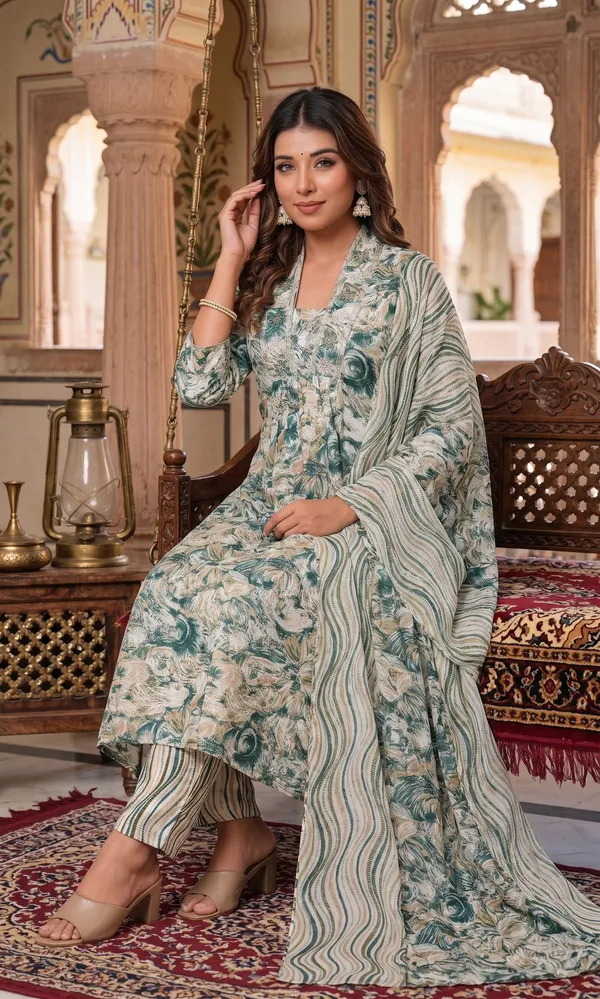 Womens_Green_Floral_Printed_Rayon_Kurti_Pant_Dupatta_Set_With_Square_Neck_And_Gathered_Design