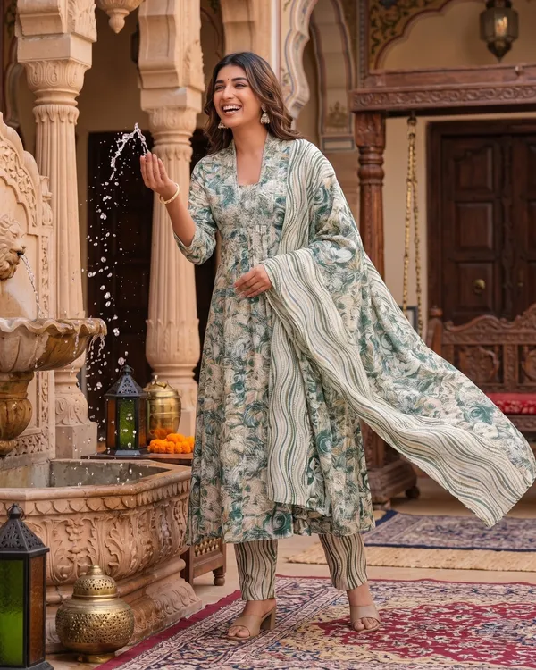 Womens_Green_Floral_Printed_Rayon_Kurti_Pant_Dupatta_Set_With_Square_Neck_And_Gathered_Design