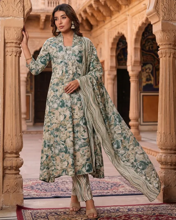 Womens_Green_Floral_Printed_Rayon_Kurti_Pant_Dupatta_Set_With_Square_Neck_And_Gathered_Design