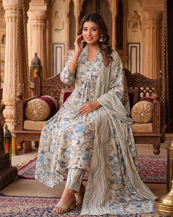 Womens_Grey_Floral_Printed_Rayon_Kurti_Pant_Dupatta_Set_With_Embroidered_Square_Neck_And_Gathered_Design