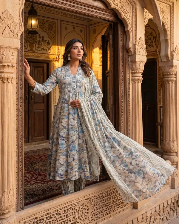 Womens_Grey_Floral_Printed_Rayon_Kurti_Pant_Dupatta_Set_With_Embroidered_Square_Neck_And_Gathered_Design