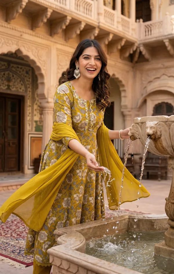 Womens_Mustard_Floral_Printed_Rayon_Kurti_Pant_Dupatta_Set_With_Round_Neck_Embroidered_Detail_And_Flared_Design