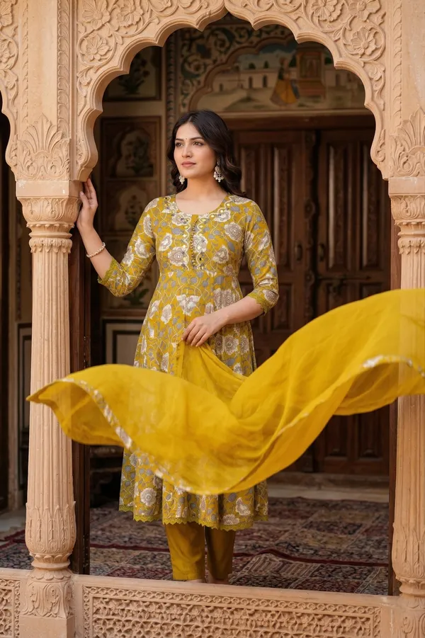 Womens_Mustard_Floral_Printed_Rayon_Kurti_Pant_Dupatta_Set_With_Round_Neck_Embroidered_Detail_And_Flared_Design