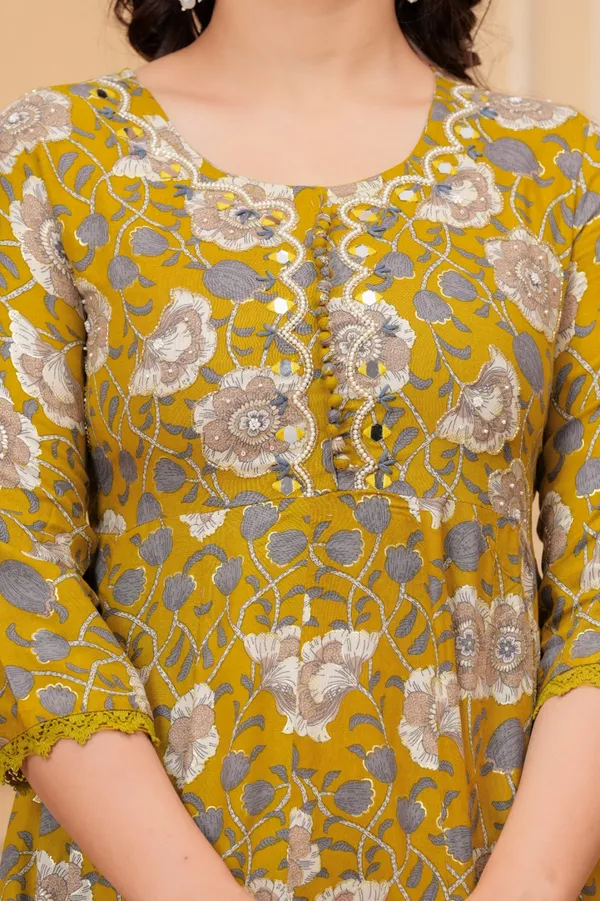 Womens_Mustard_Floral_Printed_Rayon_Kurti_Pant_Dupatta_Set_With_Round_Neck_Embroidered_Detail_And_Flared_Design