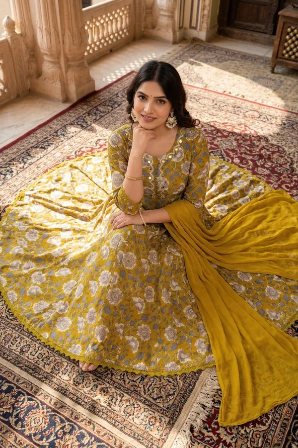 Womens_Mustard_Floral_Printed_Rayon_Kurti_Pant_Dupatta_Set_With_Round_Neck_Embroidered_Detail_And_Flared_Design