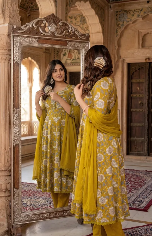 Womens_Mustard_Floral_Printed_Rayon_Kurti_Pant_Dupatta_Set_With_Round_Neck_Embroidered_Detail_And_Flared_Design