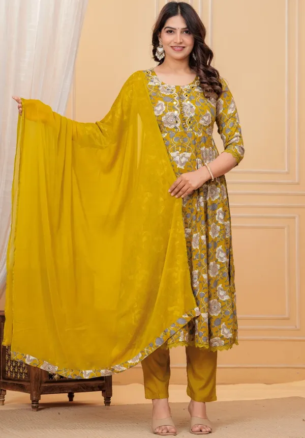 Womens_Mustard_Floral_Printed_Rayon_Kurti_Pant_Dupatta_Set_With_Round_Neck_Embroidered_Detail_And_Flared_Design