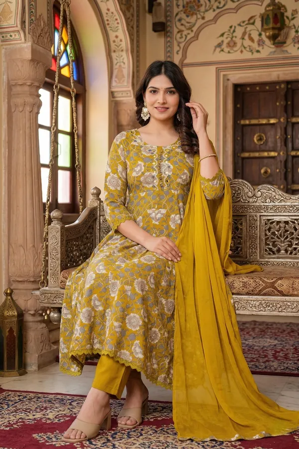 Womens_Mustard_Floral_Printed_Rayon_Kurti_Pant_Dupatta_Set_With_Round_Neck_Embroidered_Detail_And_Flared_Design