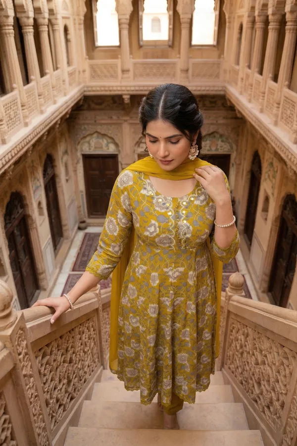 Womens_Mustard_Floral_Printed_Rayon_Kurti_Pant_Dupatta_Set_With_Round_Neck_Embroidered_Detail_And_Flared_Design