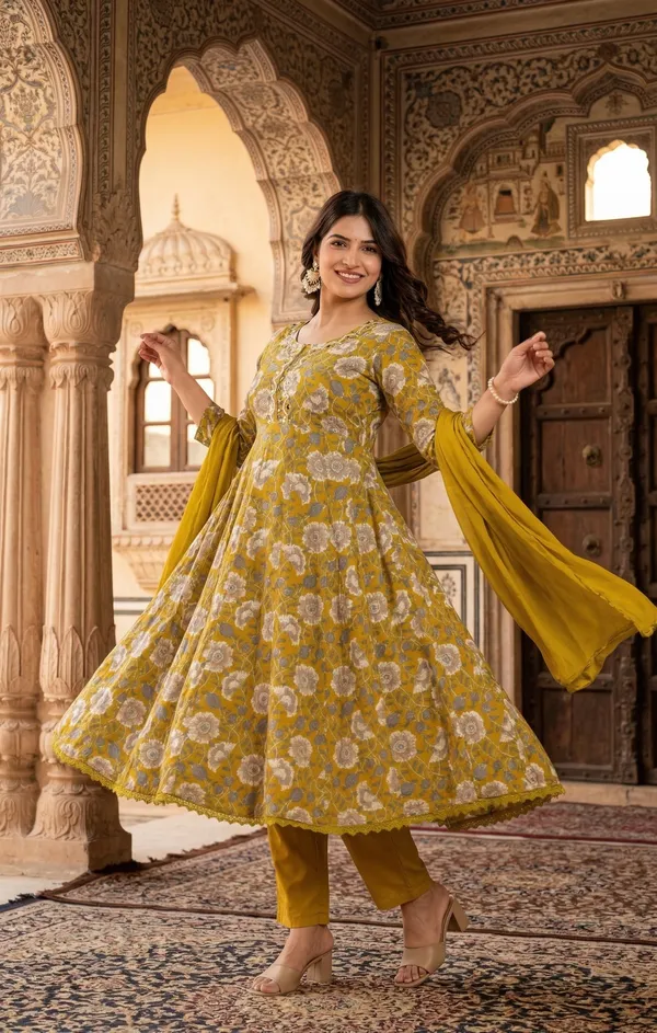Womens_Mustard_Floral_Printed_Rayon_Kurti_Pant_Dupatta_Set_With_Round_Neck_Embroidered_Detail_And_Flared_Design