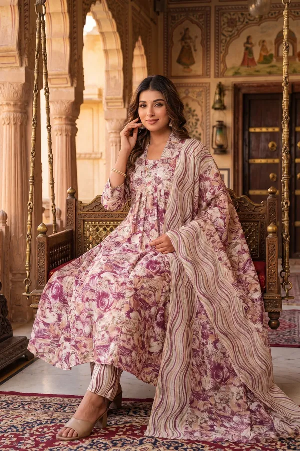 Womens_Wine_Floral_Printed_Rayon_Kurti_Pant_Dupatta_Set_With_Embroidered_Square_Neck_And_Gathered_Flared_Design