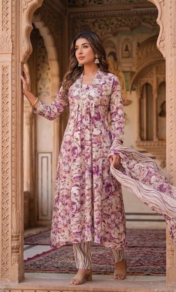 Womens_Wine_Floral_Printed_Rayon_Kurti_Pant_Dupatta_Set_With_Embroidered_Square_Neck_And_Gathered_Flared_Design