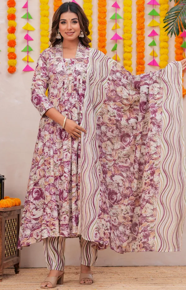 Womens_Wine_Floral_Printed_Rayon_Kurti_Pant_Dupatta_Set_With_Embroidered_Square_Neck_And_Gathered_Flared_Design