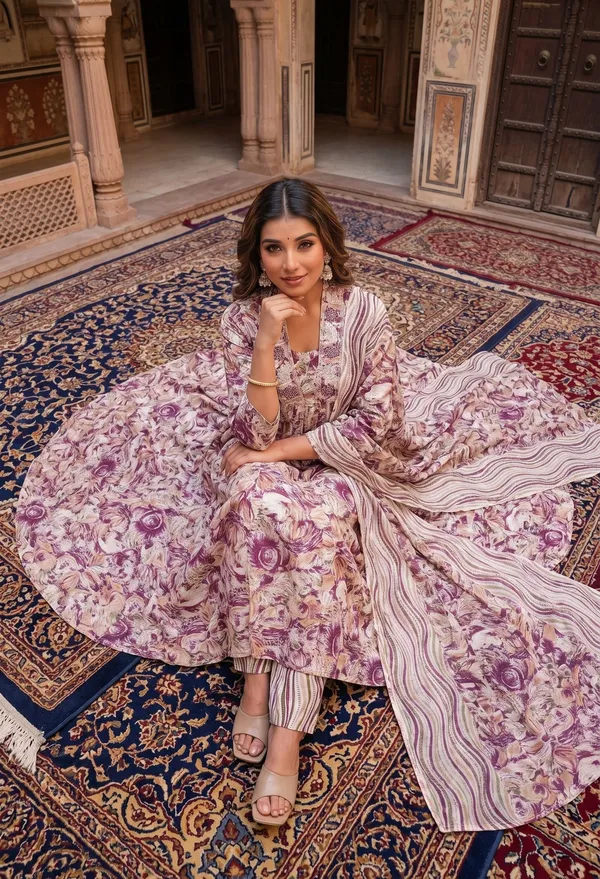 Womens_Wine_Floral_Printed_Rayon_Kurti_Pant_Dupatta_Set_With_Embroidered_Square_Neck_And_Gathered_Flared_Design