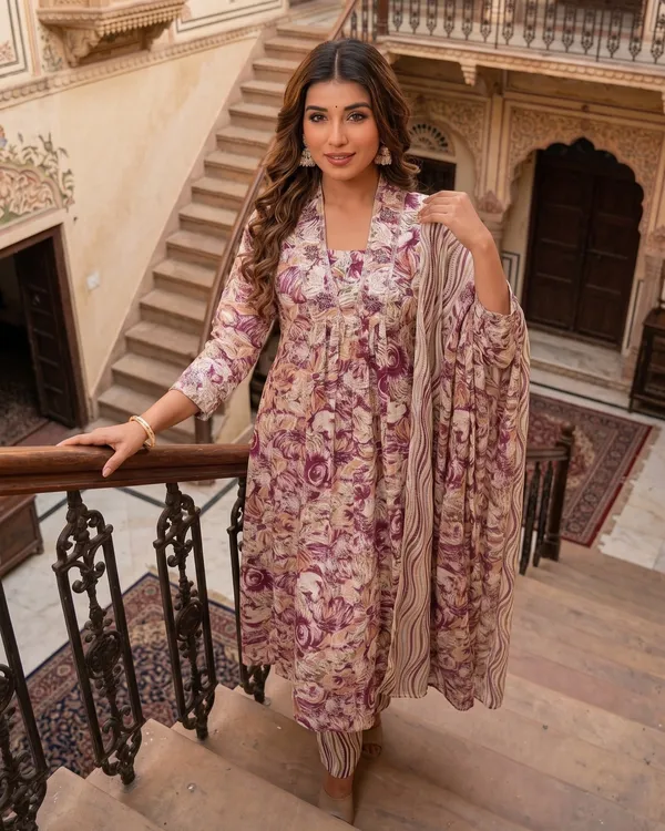 Womens_Wine_Floral_Printed_Rayon_Kurti_Pant_Dupatta_Set_With_Embroidered_Square_Neck_And_Gathered_Flared_Design