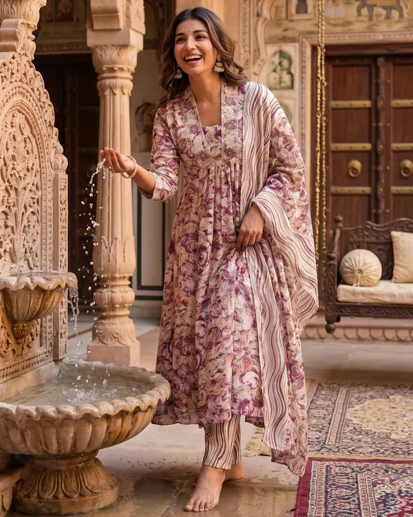 Womens_Wine_Floral_Printed_Rayon_Kurti_Pant_Dupatta_Set_With_Embroidered_Square_Neck_And_Gathered_Flared_Design
