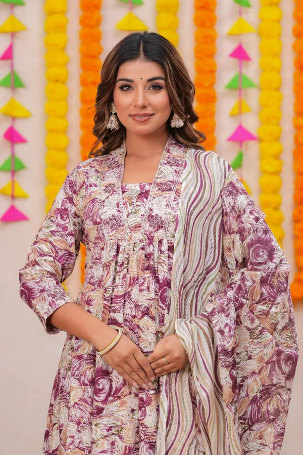 Womens_Wine_Floral_Printed_Rayon_Kurti_Pant_Dupatta_Set_With_Embroidered_Square_Neck_And_Gathered_Flared_Design